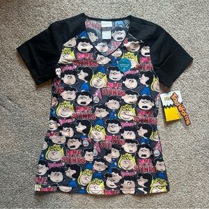 Peanuts Black and Multicolor Cartoon Scrub Top